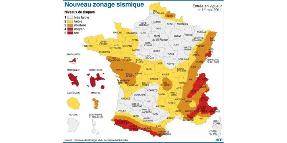 La carte de France des niveaux de risques du nouveau zonage sismique